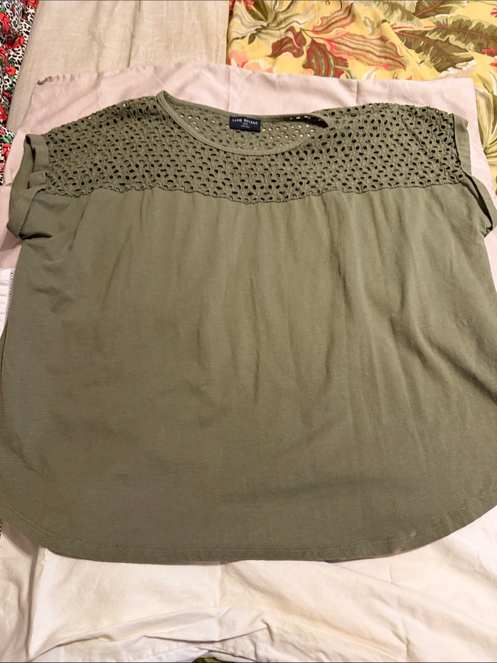 Lane Bryant Olive Crochet Yoke Short Sleeve Tunic